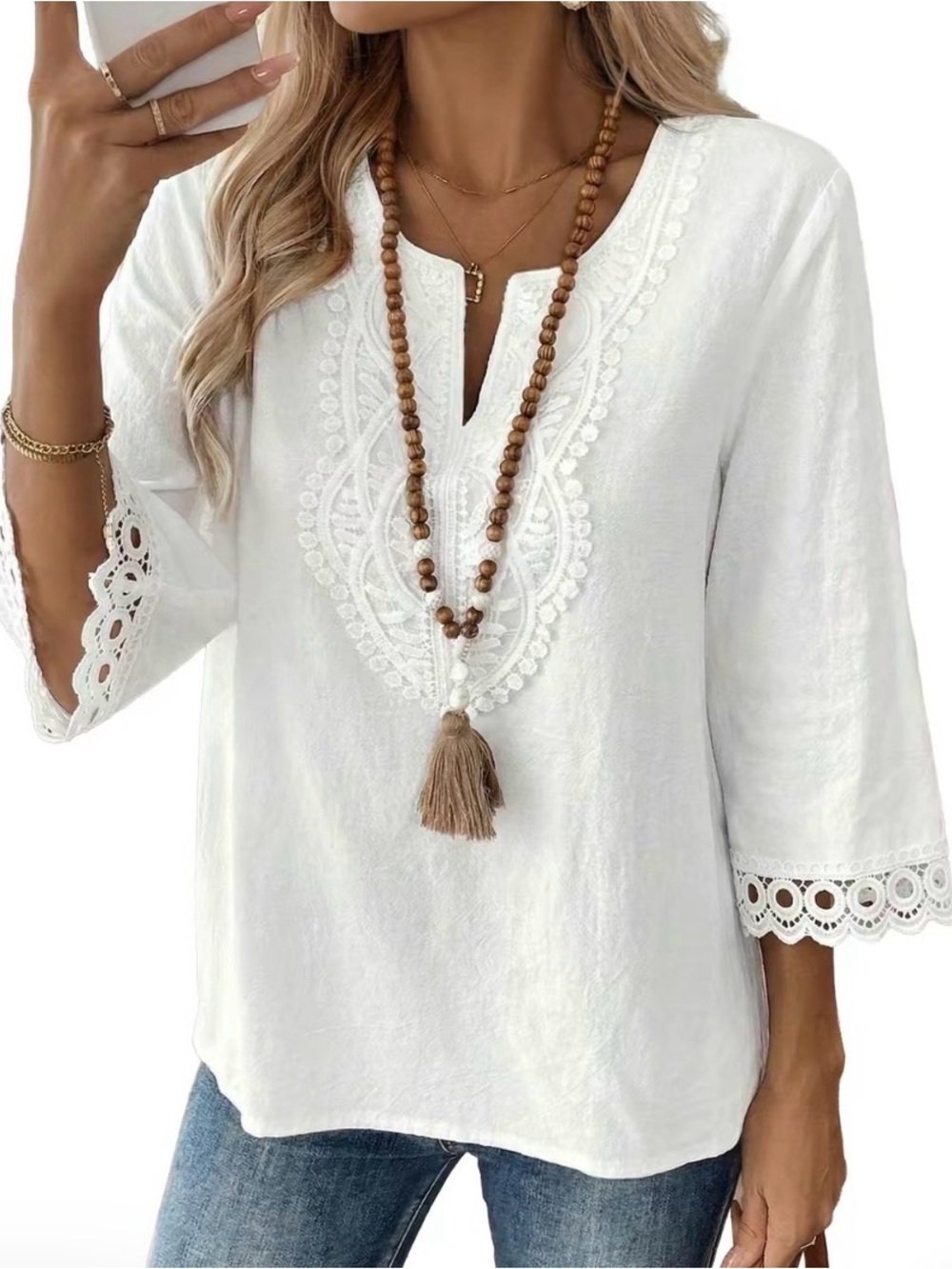 White Embroidered Split-Neck Tunic Top